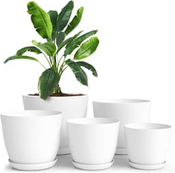 Utopia Home Plant Pots Indoor with Drainage Holes – Set of 5 White Plastic Flower Pots